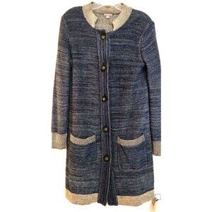 J. Jill Long Open Front Cardigan Duster Sweater SMALL Blue Linen Blend
